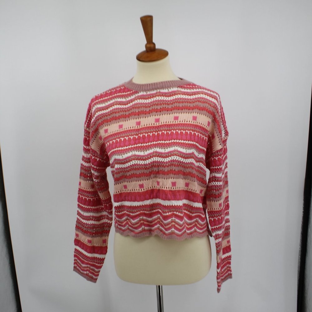 Vintage Knit Pink White Long Sleeve Cropped Sweater S - Picture 3 of 8